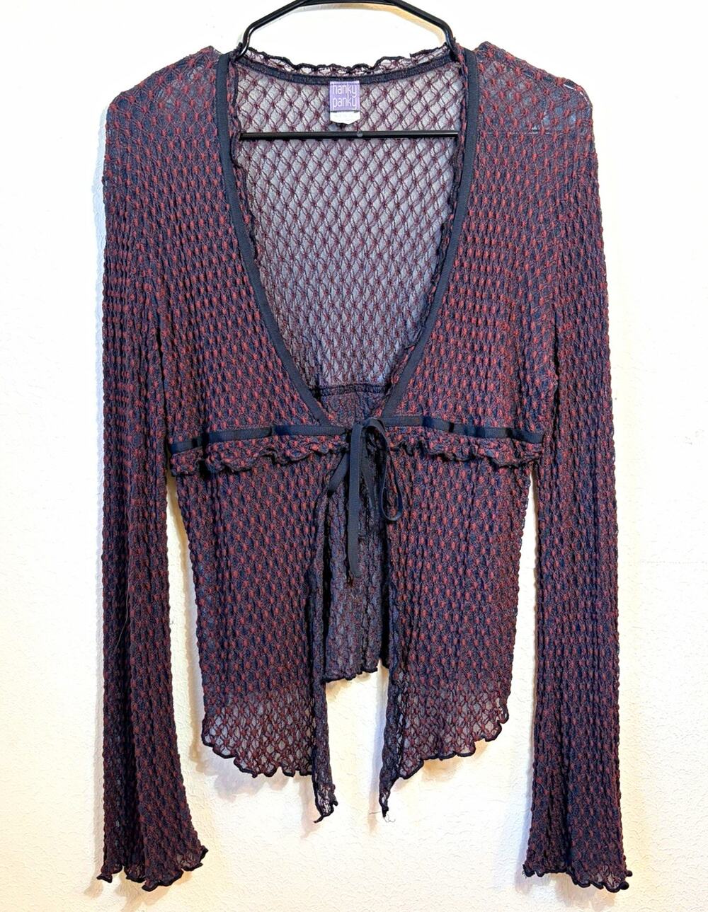 Y2K Lace Tie Front V-Neck Bell Sleeve Cardigan Fairy Goth Size L